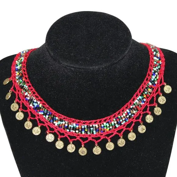 Handmade Turkish Red & Gold Crochet Bead Necklace - Picture 4 of 5